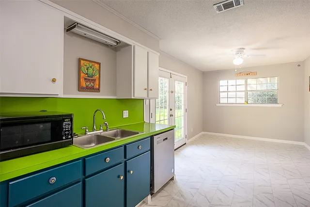 a kitchen with a sink and cabinets