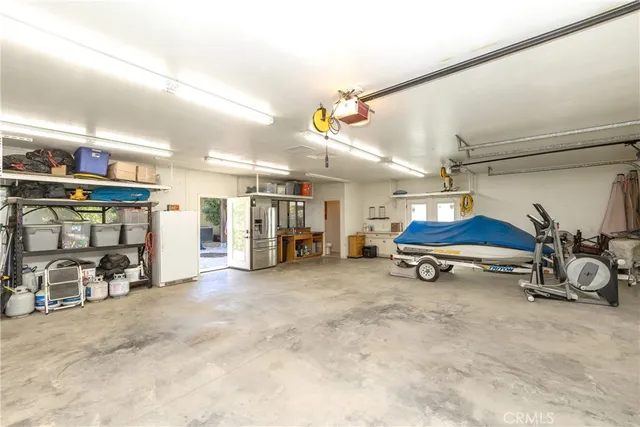 a view of a garage with gym equipment