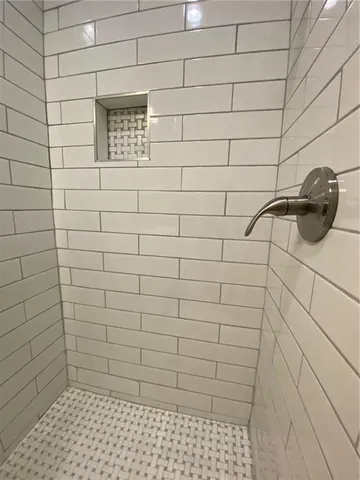 a bathroom with a shower and a toilet