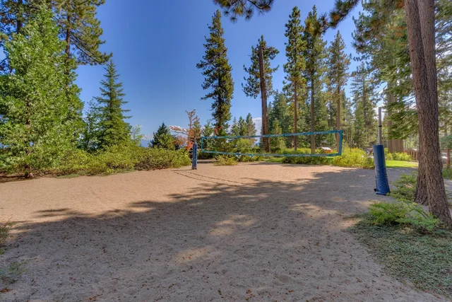 a view of swimming pool with outdoor seating and trees in the background