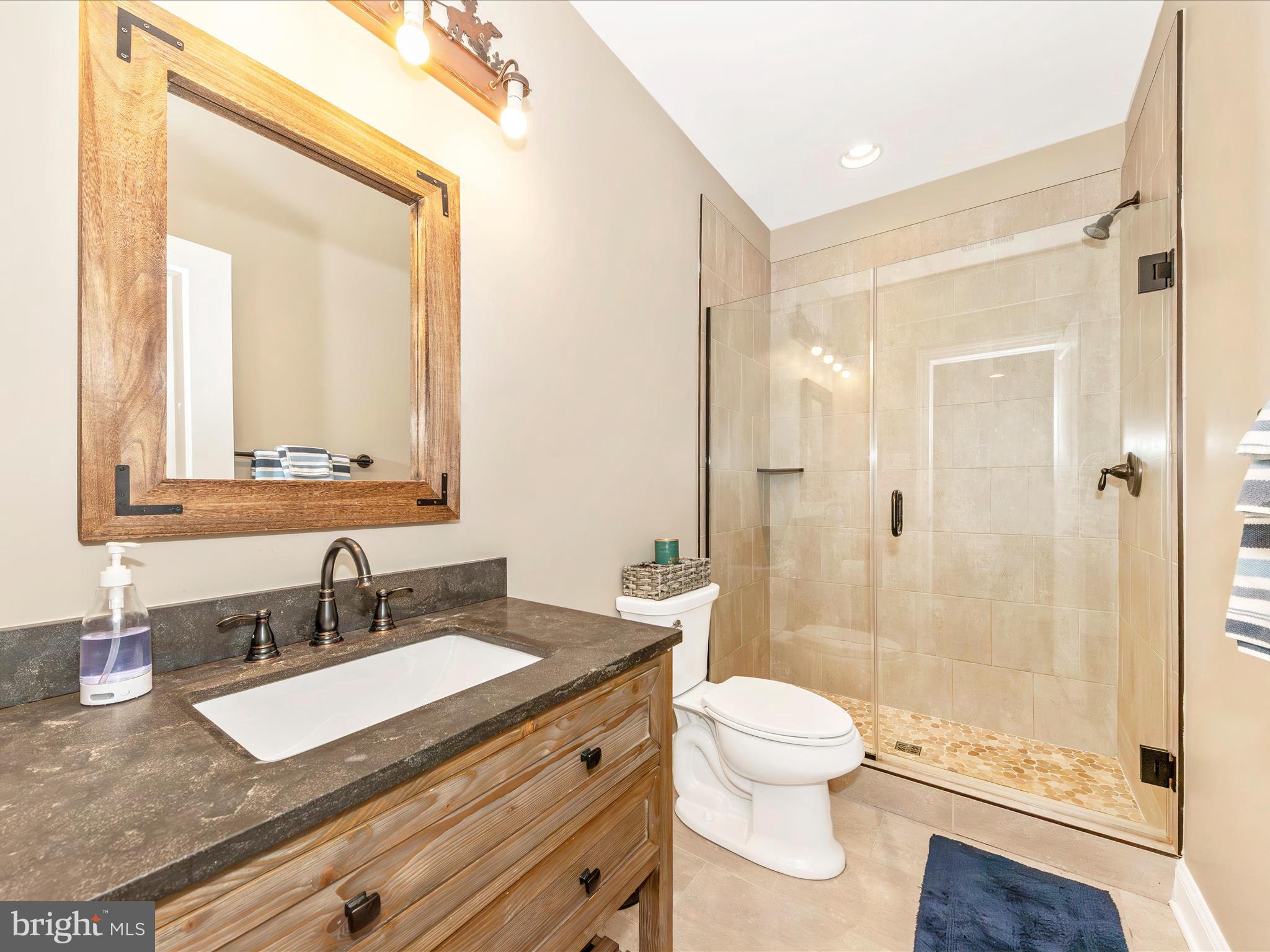 7788 Old Receiver Road Frederick, MD 21702 - Photo 42 of 51 a bathroom with a granite countertop sink toilet a mirror and shower