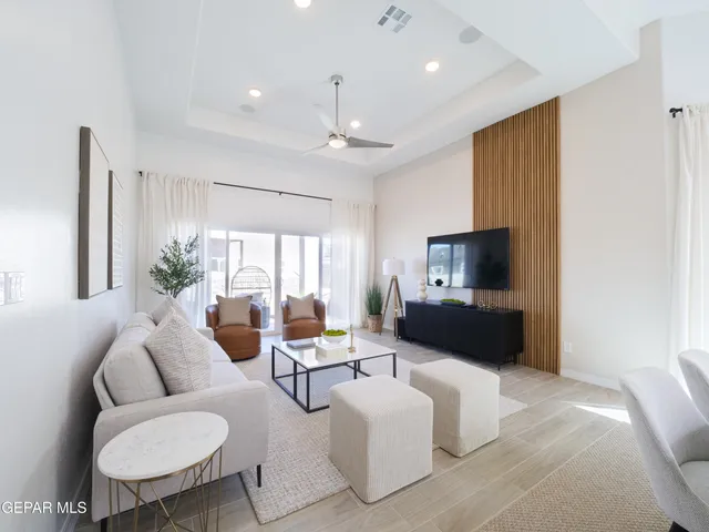 a view of a dining room with furniture