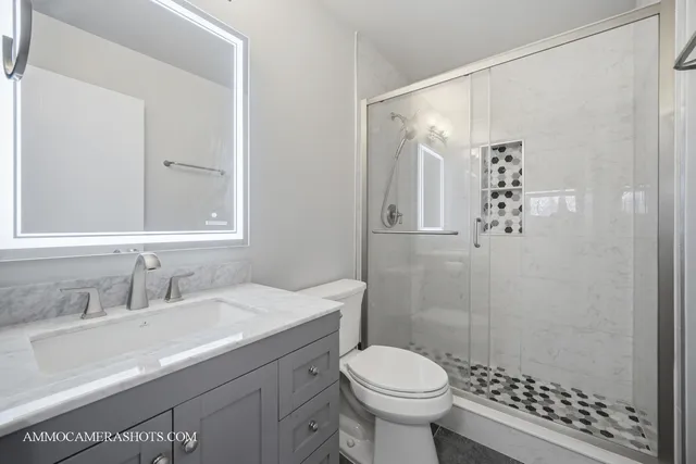 a bathroom with a sink toilet a mirror and shower