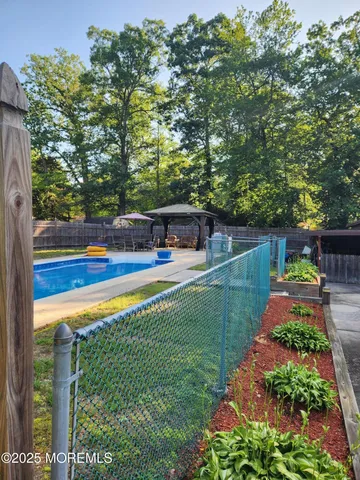 a view of a garden with plants and large trees