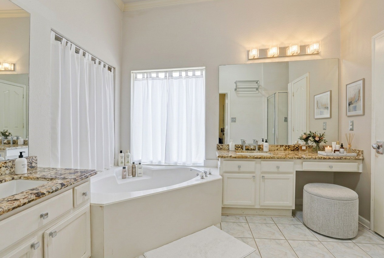 7022 Treaschwig Road Spring, TX 77373 - Photo 10 of 18 a bathroom with a granite countertop sink a toilet a mirror and bathtub