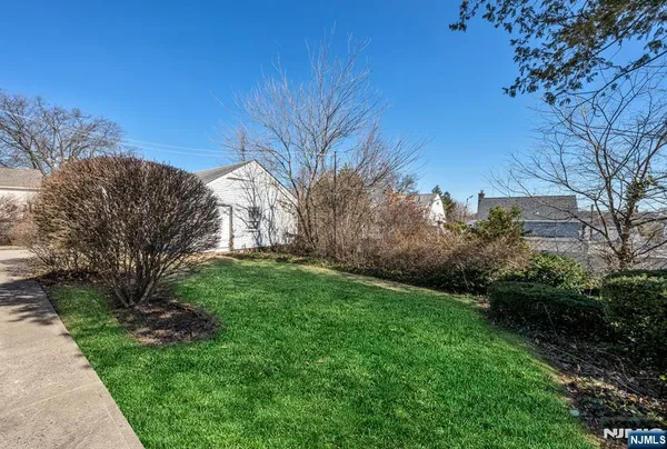a view of a backyard with large trees