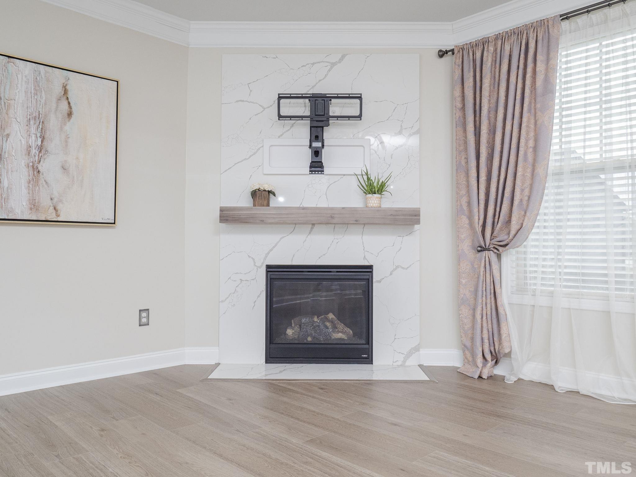7435 Randshire Way Raleigh, NC 27616 - Photo 23 of 25 a living room with a fireplace and a potted plant