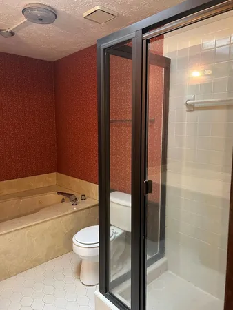a bathroom with a toilet and a bath tub
