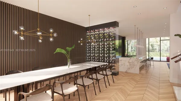 a view of a dining room with furniture and chandelier