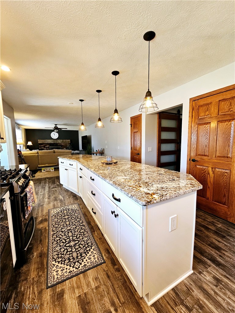 20037 Mosher Road Wellington, OH 44090 - Photo 7 of 27 Kitchen with black stainless gas range oven, a 12.5 ft kitchen island, hanging light fixtures, white cabinetry, and dark hardwood / wood-style floors