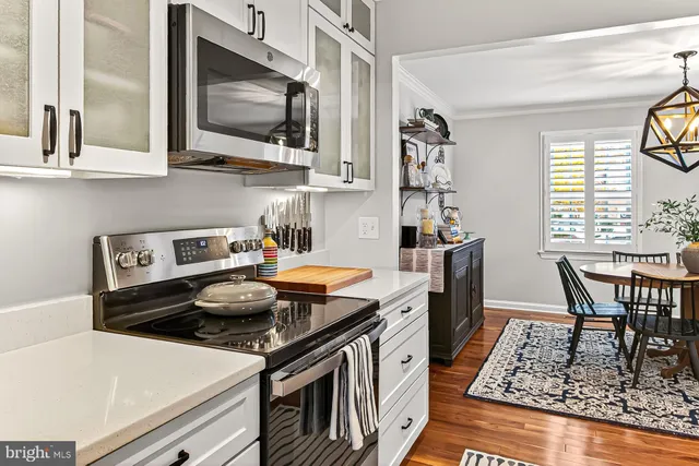 a kitchen with a stove and a table