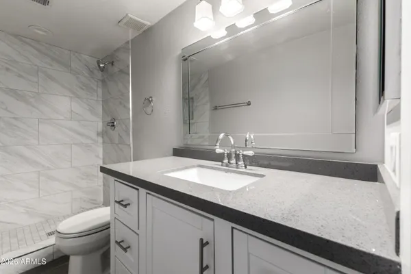 a bathroom with a granite countertop sink a toilet and a mirror