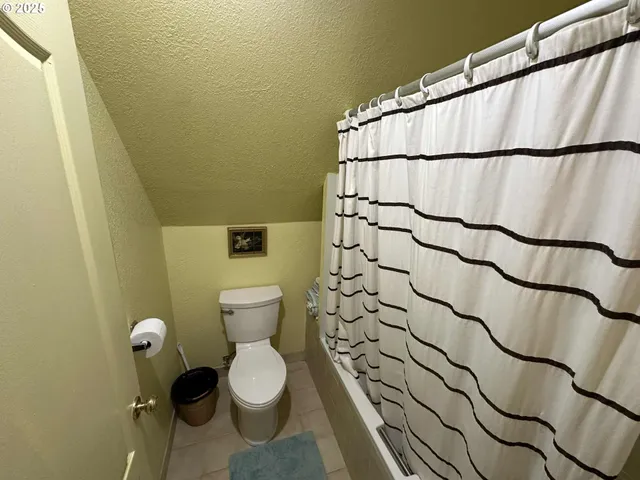 a bathroom with a toilet and a shower curtain