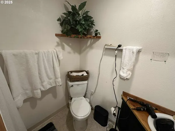 a bathroom with a toilet and a shower curtain