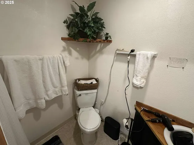 a bathroom with a toilet and a shower curtain
