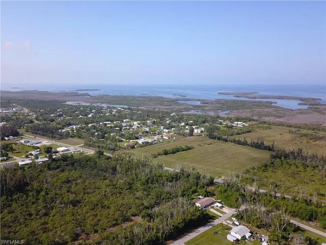 an aerial view of residential houses with outdoor space and trees
