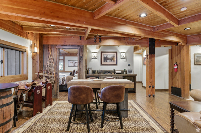 2687 Stewart Road Sundance, UT 84604 - Photo 20 of 48 Dining area featuring a wood ceiling with exposed beams, wood-type flooring, and recessed lighting
