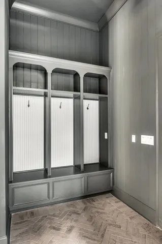 a view of balcony with wooden floor