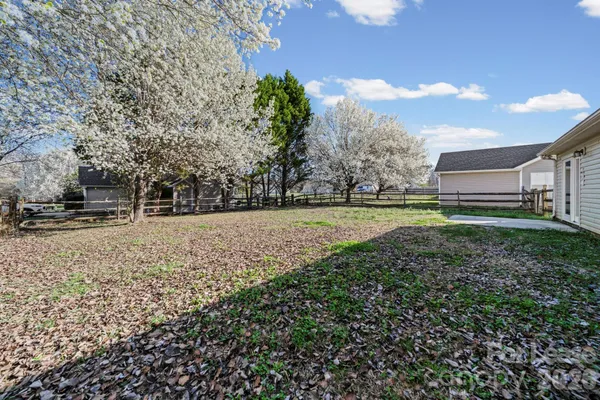 a view of a yard with large trees