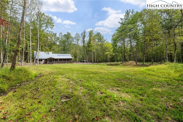 a view of a field with trees in the background