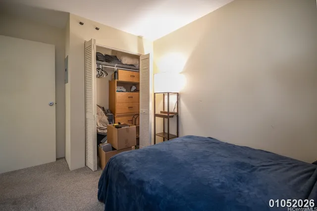a bedroom with a bed and cabinets