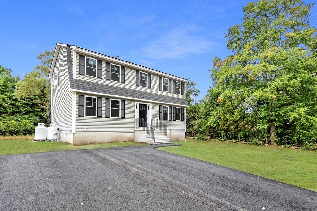 a front view of house with yard and green space