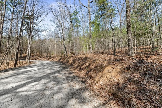 a view of dirt field with trees in the background