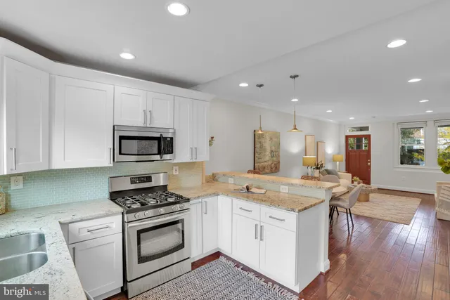 a kitchen with a sink stove and microwave