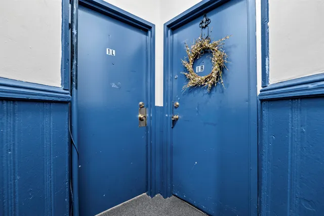 a door view with a bench