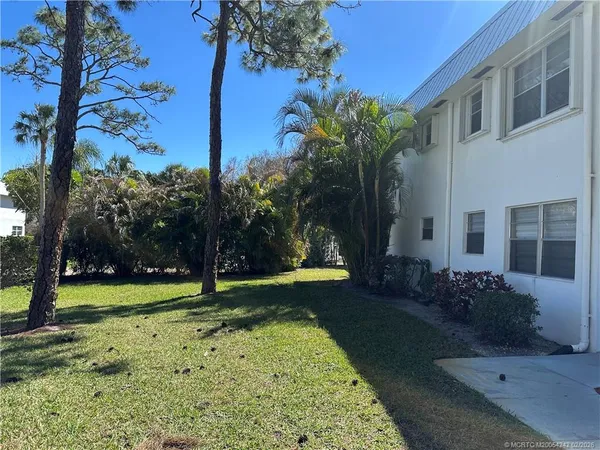a view of a backyard with large trees