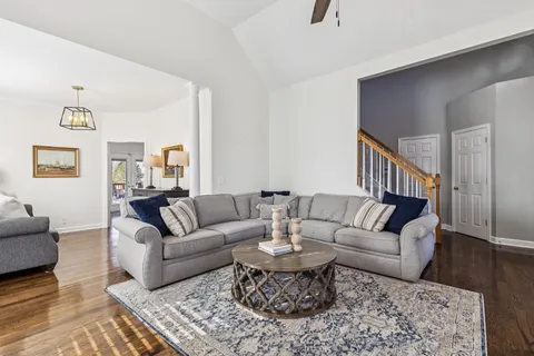 a living room with furniture wooden floor and a rug