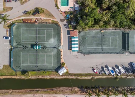 a view of a tennis ground with palm trees