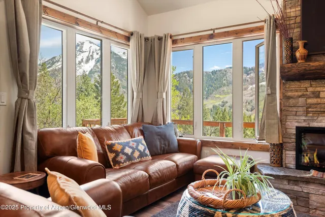 a living room with furniture a fireplace and a floor to ceiling window