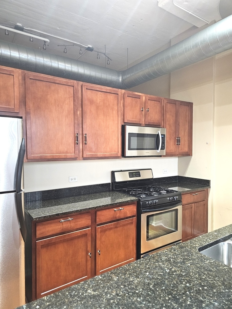 2323 West Pershing Road, Unit 128 Chicago, IL 60609 - Photo 7 of 9 a kitchen with granite countertop wooden cabinets stainless steel appliances a sink and a window