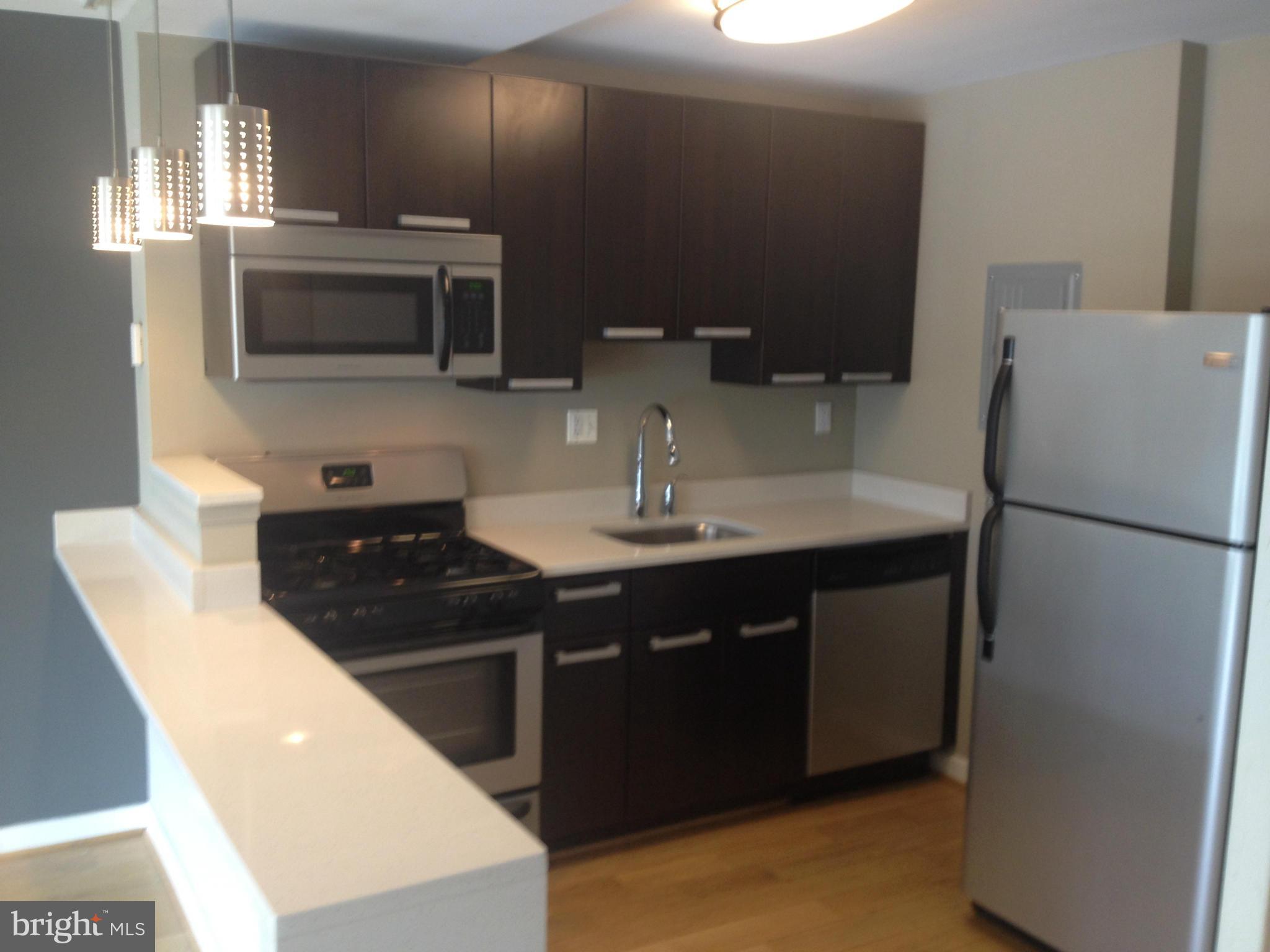 1101 3rd Street Southwest, Unit 210 Washington, DC 20024 - Photo 9 of 28 a kitchen with stainless steel appliances a sink a microwave a refrigerator and cabinets