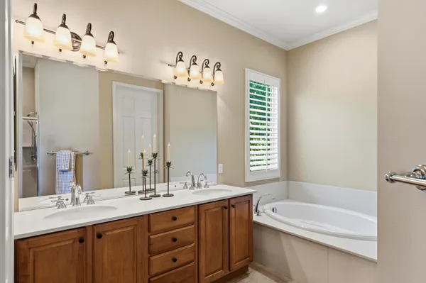 a bathroom with a double vanity sink mirror double and bathtub