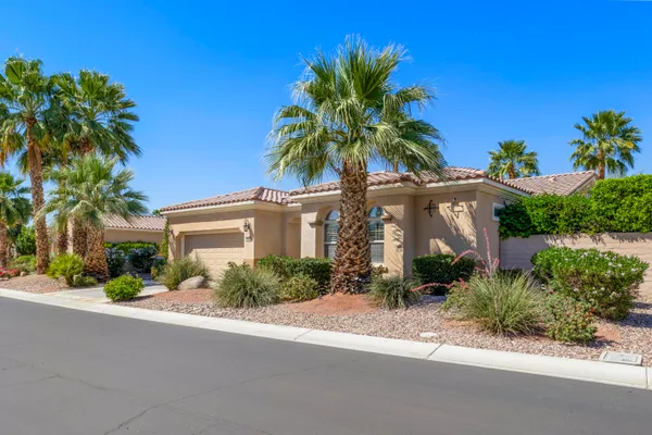 front view of house with potted plants and palm trees