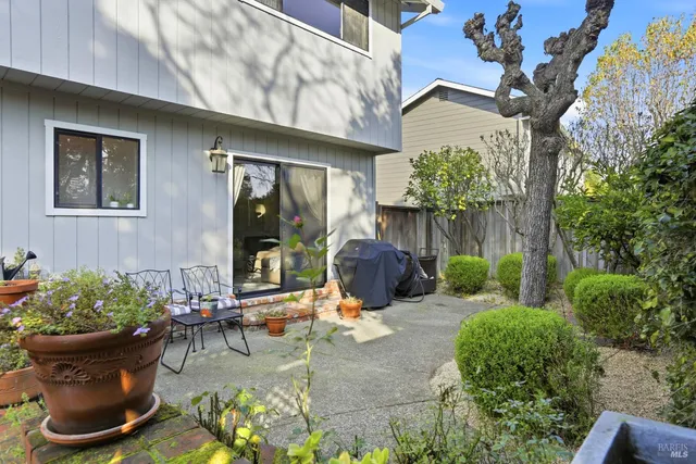 a view of a house with potted plants and a fountain