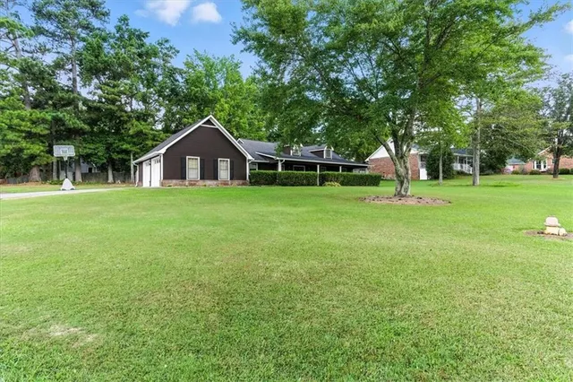 a big yard with large trees and a large tree
