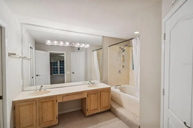 a bathroom with a double vanity sink mirror double and bathtub