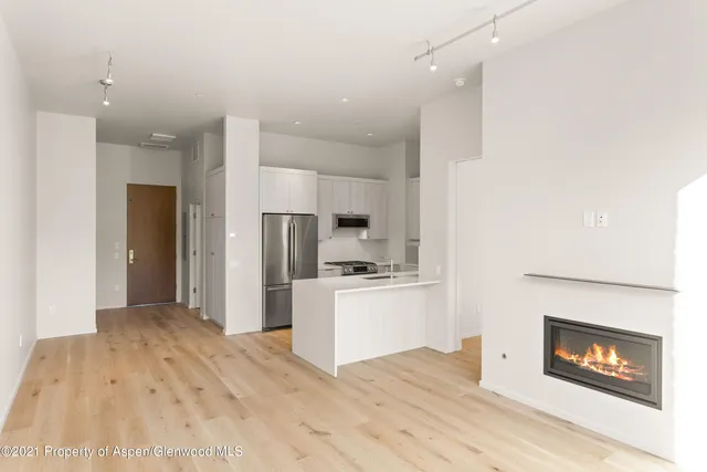 a kitchen with stainless steel appliances a refrigerator a stove top oven a sink and a fireplace