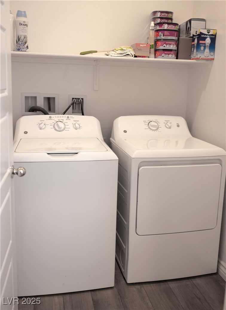 7342 North Decatur Boulevard, Unit 5 North Las Vegas, NV 89084 - Photo 13 of 29 Laundry room with washing machine and dryer and dark wood finished floors