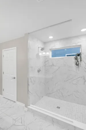 a bathroom with a bathtub