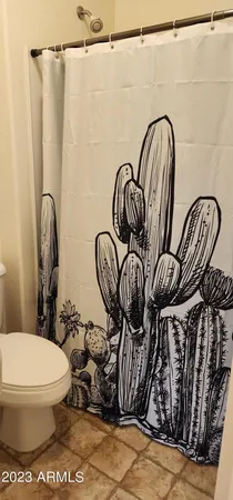 a bathroom with a toilet a sink and shower curtain