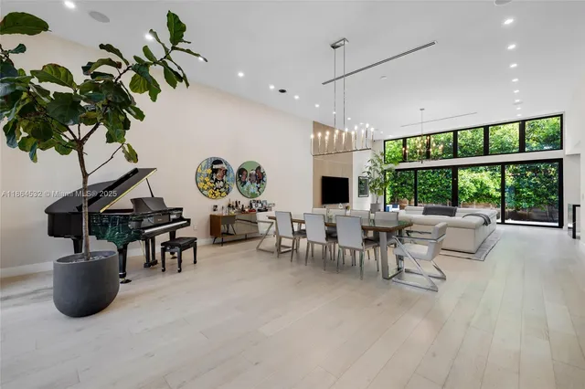 a view of a dining room with furniture window and outside view