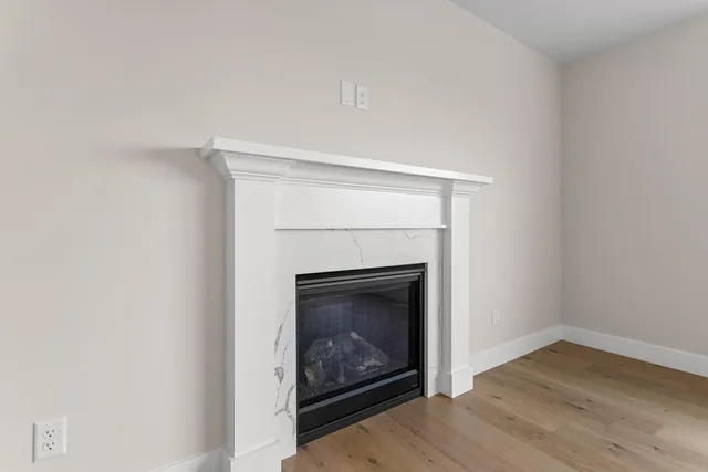 a room with a fireplace