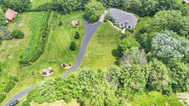 a view of a park with large trees