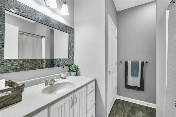 a view of a garden with large trees