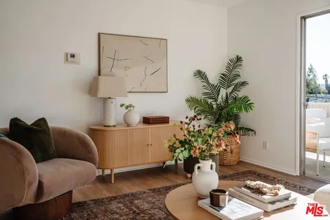a living room with furniture and a potted plant