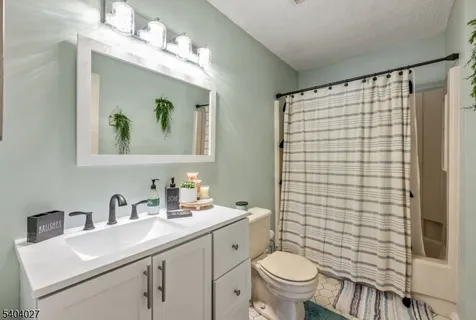 a bathroom with a sink a toilet and shower curtain